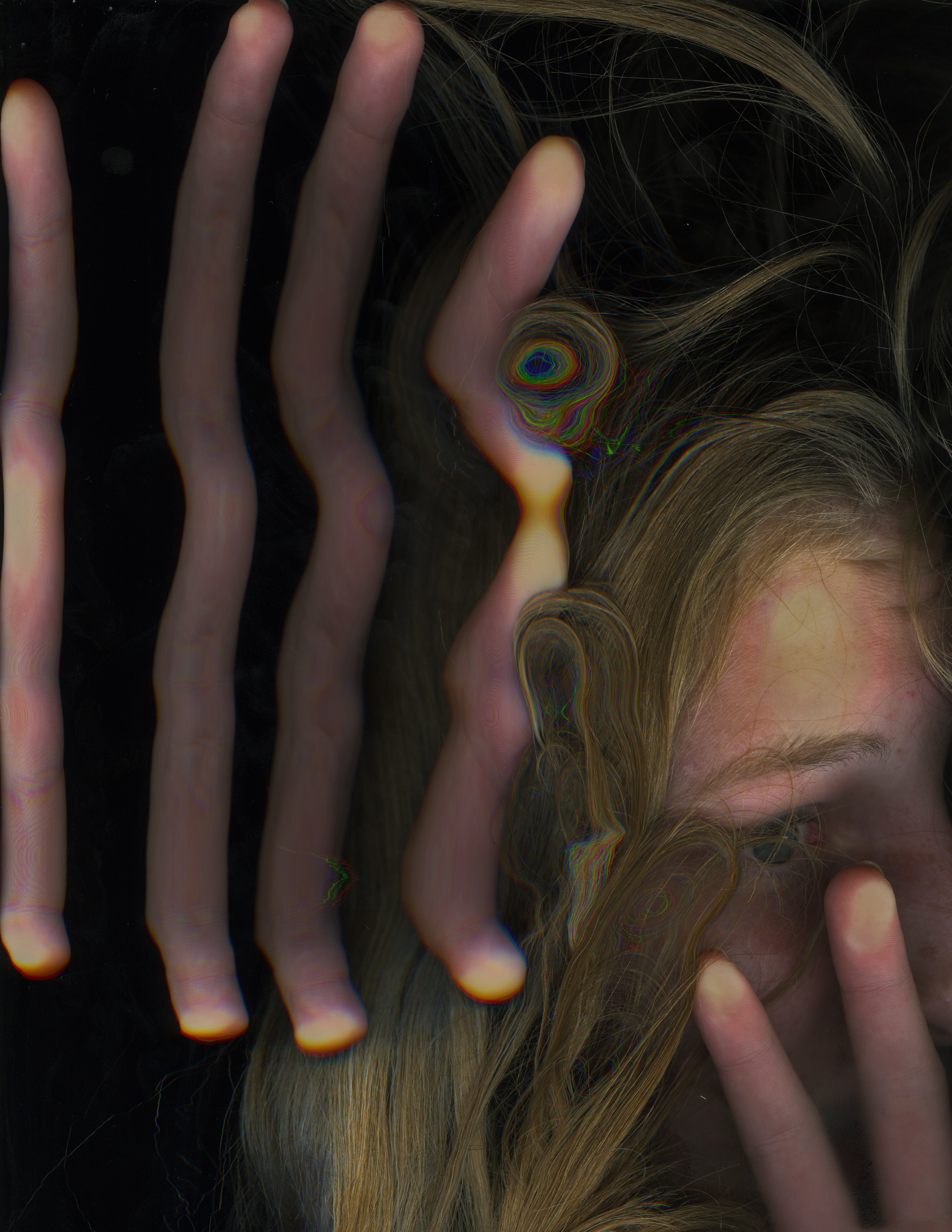 It is so fun to move fingers around as the scanner moves across the bed, I love the rainbow effect from the refractions around hair. This shot is from high school